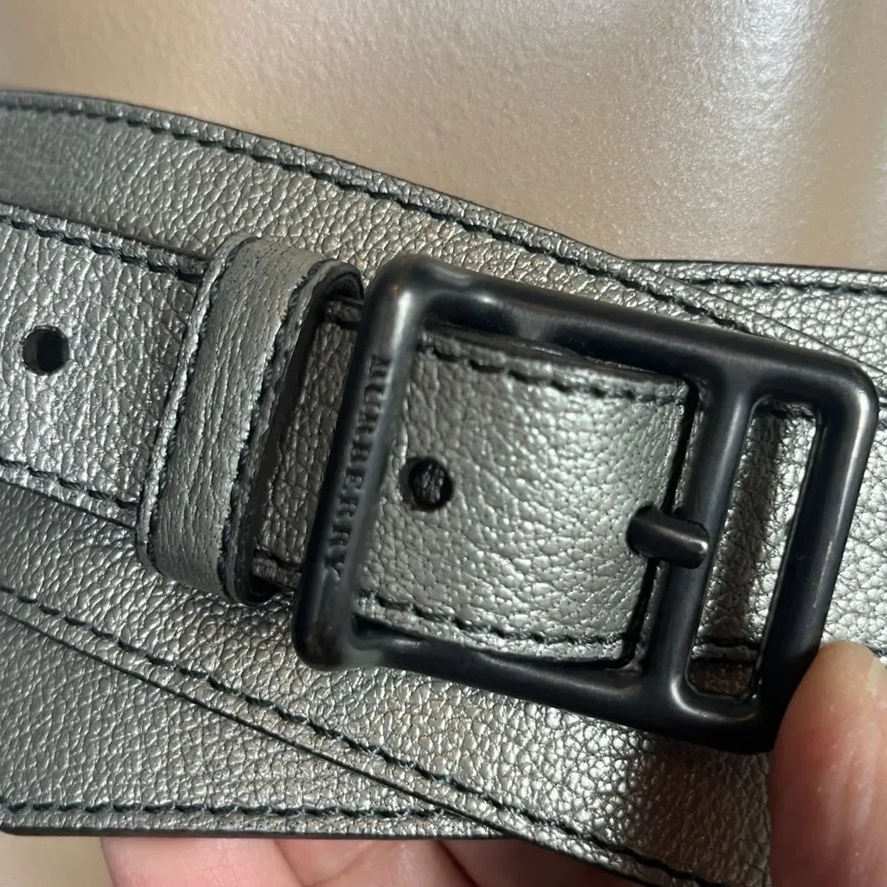 Burberry Gunmetal Silver Gray Leather Belt Large